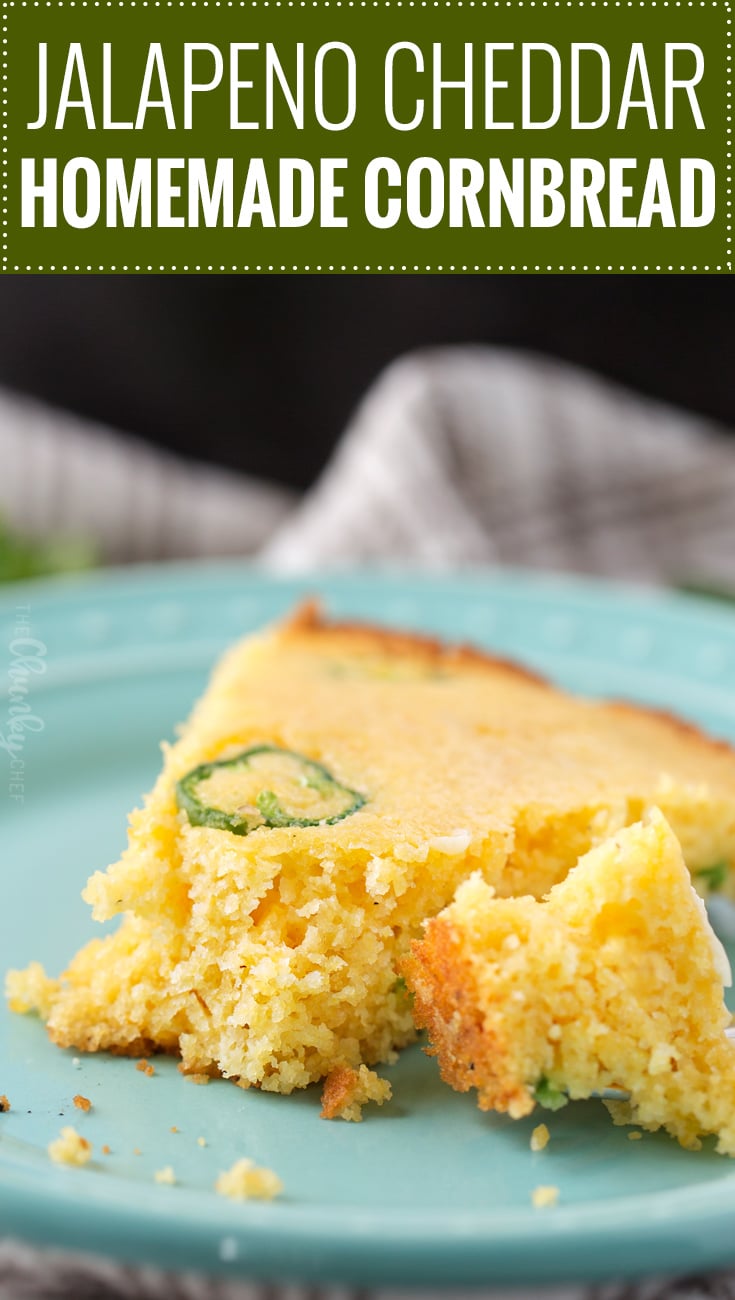 Skillet Jalapeno Cheddar Homemade Cornbread | In true homestyle fashion, this jalapeño cheddar cornbread is baked in a cast iron skillet with bacon drippings for extra flavor!  Soft inside, with a mouthwatering crunch on the outside, this cornbread is the one you've been looking for! | https://www.thechunkychef.com | #cornbread #homemade #jalapenocheddar #castiron #homestyle