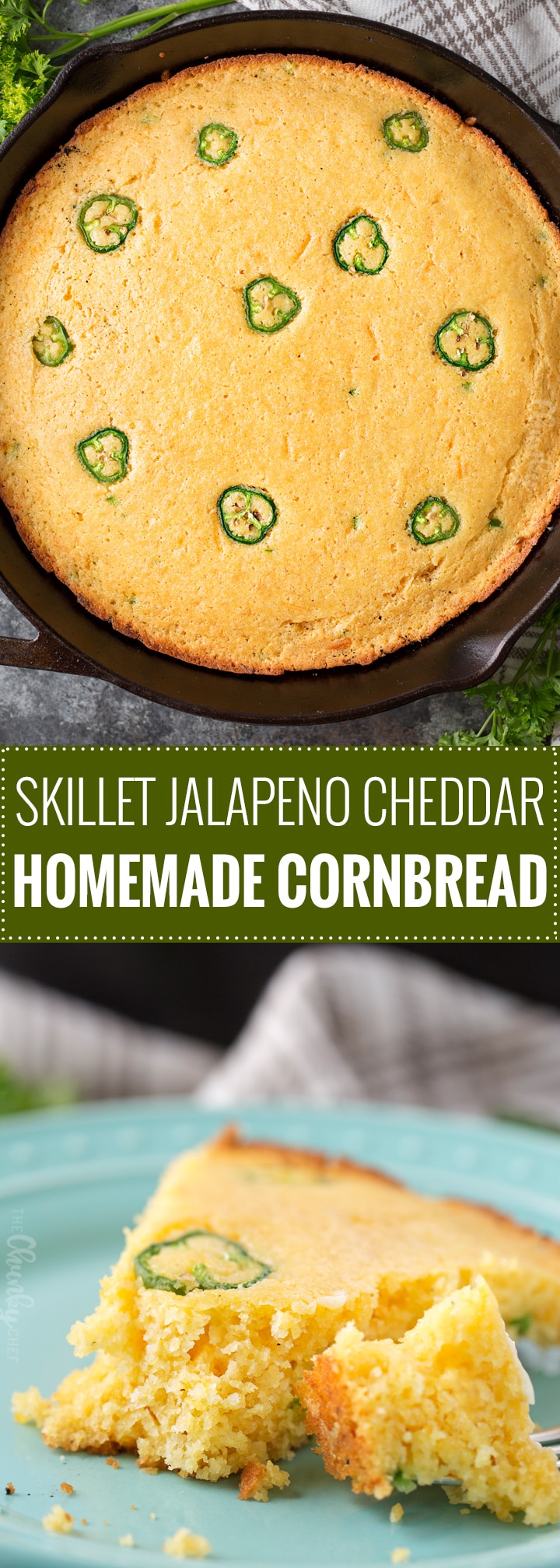 Skillet Jalapeno Cheddar Homemade Cornbread | In true homestyle fashion, this jalapeño cheddar cornbread is baked in a cast iron skillet with bacon drippings for extra flavor!  Soft inside, with a mouthwatering crunch on the outside, this cornbread is the one you've been looking for! | https://www.thechunkychef.com | #cornbread #homemade #jalapenocheddar #castiron #homestyle