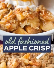 Old Fashioned Easy Apple Crisp | Chopped apples, cinnamon, brown sugar, and the best crispy oat topping, baked into the ultimate Fall dessert! Top with a scoop of ice cream and salted caramel for the perfect treat! #applecrisp #oats #dessert #apples #fromscratch #easyrecipe