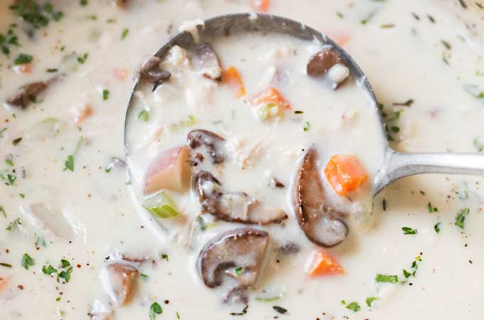 Creamy Chicken and Mushroom Chowder | Perfect for a cold weeknight meal, this chicken and mushroom chowder is thick, creamy and rich, plus it cooks in about 30 minutes! | https://thechunkychef.com | #chowder #souprecipe #mushrooms #potatoes #chowderrecipe #weeknightmeal