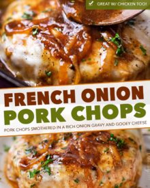 Juicy pan-seared pork chops, smothered in caramelized onion gravy and 2 types of gooey cheese. This fun weeknight dinner tastes like French onion soup! #pork #porkchops #porkchopsrecipe #dinner #onepan #onepot #frenchonion #weeknightmeal #easyrecipe