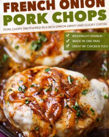 Juicy pan-seared pork chops, smothered in caramelized onion gravy and 2 types of gooey cheese. It's easy to break out of a dinner rut with this fun weeknight meal! #pork #porkchops #porkchopsrecipe #onepan #onepot #frenchonion #weeknightmeal #easyrecipe