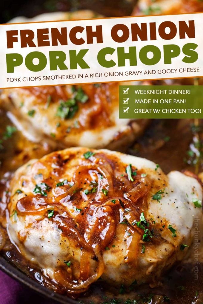 Juicy pan-seared pork chops, smothered in caramelized onion gravy and 2 types of gooey cheese. It's easy to break out of a dinner rut with this fun weeknight meal! #pork #porkchops #porkchopsrecipe #onepan #onepot #frenchonion #weeknightmeal #easyrecipe