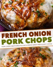 Juicy pan-seared pork chops, smothered in caramelized onion gravy and 2 types of gooey cheese. It's easy to break out of a dinner rut with this fun weeknight meal! #pork #porkchops #porkchopsrecipe #onepan #onepot #frenchonion #weeknightmeal #easyrecipe