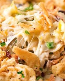 Loaded Cheesy Chicken Noodle Casserole | This chicken noodle casserole has great classic chicken noodle flavors, with some added flavors like bacon, mushrooms, and a crunchy fried onion topping! Great for a make-ahead meal, this casserole will be family favorite! | The Chunky Chef | #chickennoodle #chickencasserole #casserole #makeahead #comfortfoods #weeknightmeals