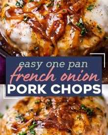 Juicy pan-seared pork chops, smothered in caramelized onion gravy and 2 types of gooey cheese. This fun weeknight dinner tastes like French onion soup! #pork #porkchops #porkchopsrecipe #dinner #onepan #onepot #frenchonion #weeknightmeal #easyrecipe