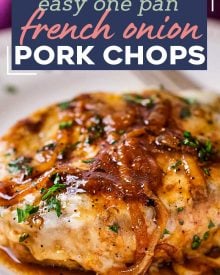 Juicy pan-seared pork chops, smothered in caramelized onion gravy and 2 types of gooey cheese. This fun weeknight dinner tastes like French onion soup! #pork #porkchops #porkchopsrecipe #dinner #onepan #onepot #frenchonion #weeknightmeal #easyrecipe