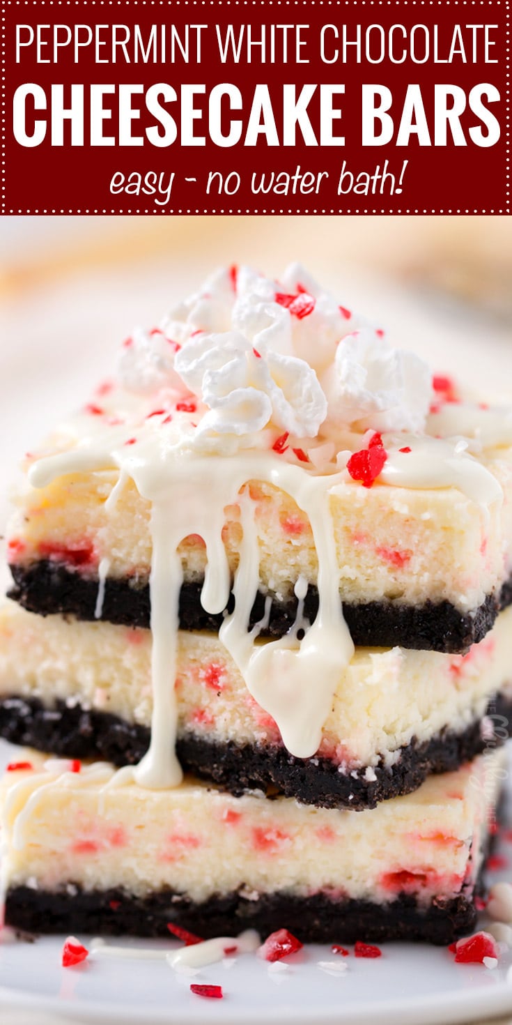 Peppermint White Chocolate Cheesecake Bars | An Oreo cookie crust, velvety smooth white chocolate peppermint cheesecake filling, candy cane pieces, and an extra drizzle of creamy white chocolate.  Holiday baking at it's finest! | The Chunky Chef | #cheesecakerecipes #cheesecakebars #peppermint #whitechocolate #holidaybaking #Christmasdesserts