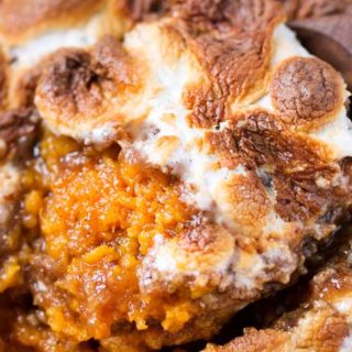 Spiced Sweet Potato Casserole | Mashed sweet potatoes are spiced with warm Fall spices, then topped with a crunchy pecan crumble and gooey marshmallows. Perfect for Thanksgiving or any holiday! | The Chunky Chef | #sweetpotato #sweetpotatocasserole #Thanksgivingrecipe #sidedish #casserolerecipe #holidayrecipe