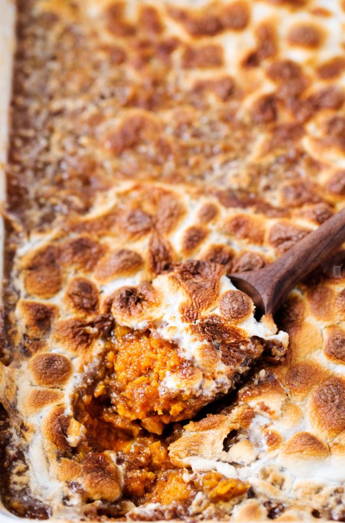 Sweet potato casserole in white baking dish