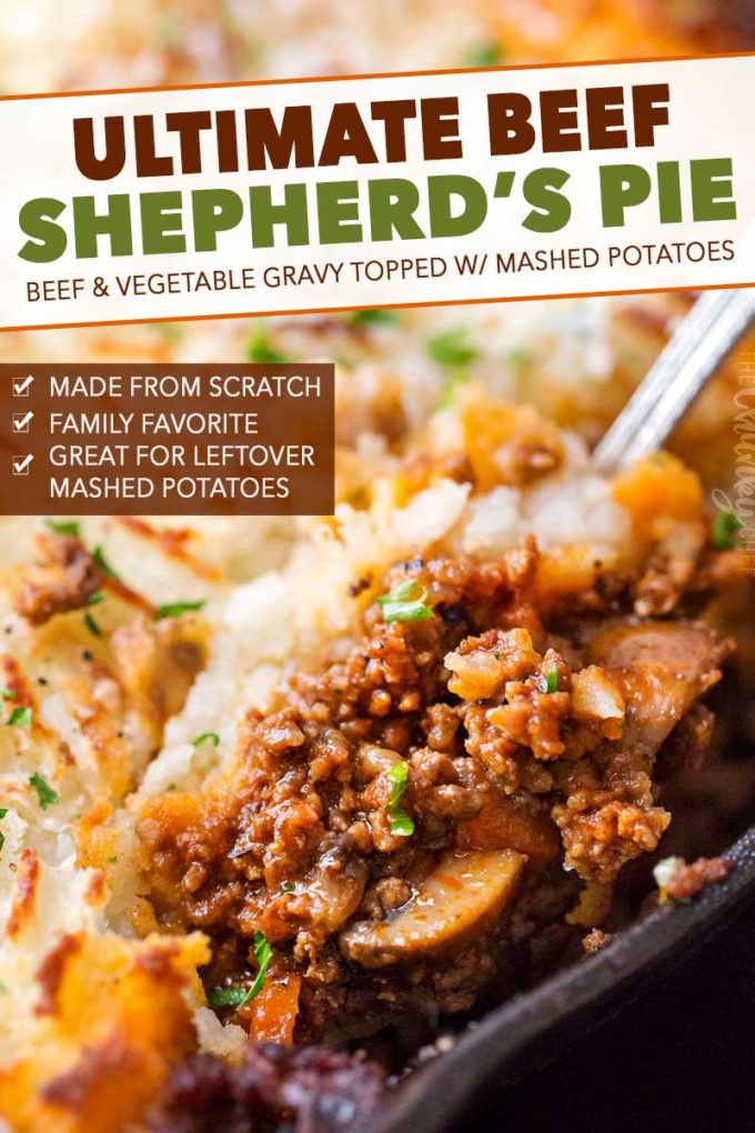 Rich and flavorful ground beef and vegetable gravy is topped with fluffy mashed potatoes and baked, all in ONE pan!  Technically cottage pie (made with beef), this version will be a family favorite dinner recipe! #shepherdspie #groundbeef #beef #cottagepie #dinner #easyrecipe #onepan #onepot #mashedpotatoes