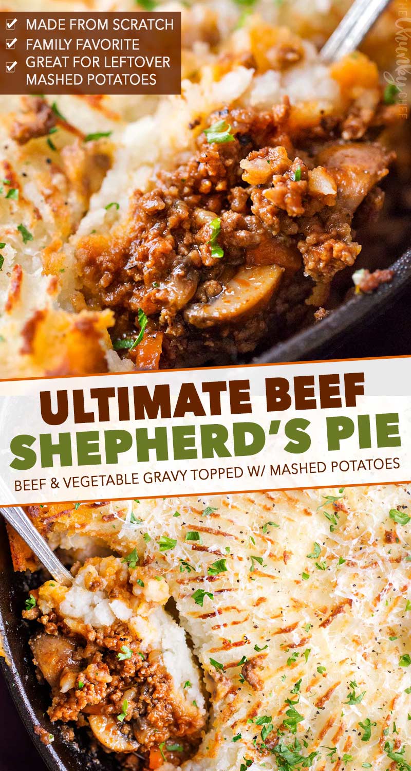 Rich and flavorful ground beef and vegetable gravy is topped with fluffy mashed potatoes and baked, all in ONE pan!  Technically cottage pie (made with beef), this version will be a family favorite dinner recipe! #shepherdspie #groundbeef #beef #cottagepie #dinner #easyrecipe #onepan #onepot #mashedpotatoes