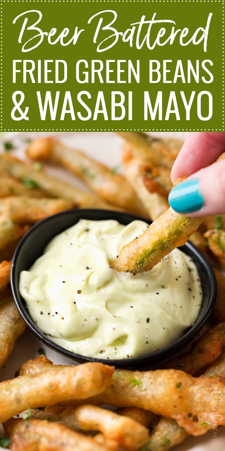Beer Battered Fried Green Beans | The perfect appetizer or snack food, these crispy green bean "fries" are tender, crispy, yet surprisingly light thanks to the beer batter!  Dipped in creamy ranch or wasabi mayo, they're a crowd-pleaser! | The Chunky Chef | #partyfood #appetizer #greenbeans #friedgreenbeans #greenbeanfries #beerbattered