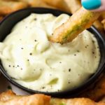 Beer Battered Fried Green Beans | The perfect appetizer or snack food, these crispy green bean "fries" are tender, crispy, yet surprisingly light thanks to the beer batter!  Dipped in creamy ranch or wasabi mayo, they're a crowd-pleaser! | The Chunky Chef | #partyfood #appetizer #greenbeans #friedgreenbeans #greenbeanfries #beerbattered