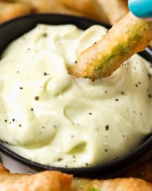 Beer Battered Fried Green Beans | The perfect appetizer or snack food, these crispy green bean "fries" are tender, crispy, yet surprisingly light thanks to the beer batter! Dipped in creamy ranch or wasabi mayo, they're a crowd-pleaser! | The Chunky Chef | #partyfood #appetizer #greenbeans #friedgreenbeans #greenbeanfries #beerbattered