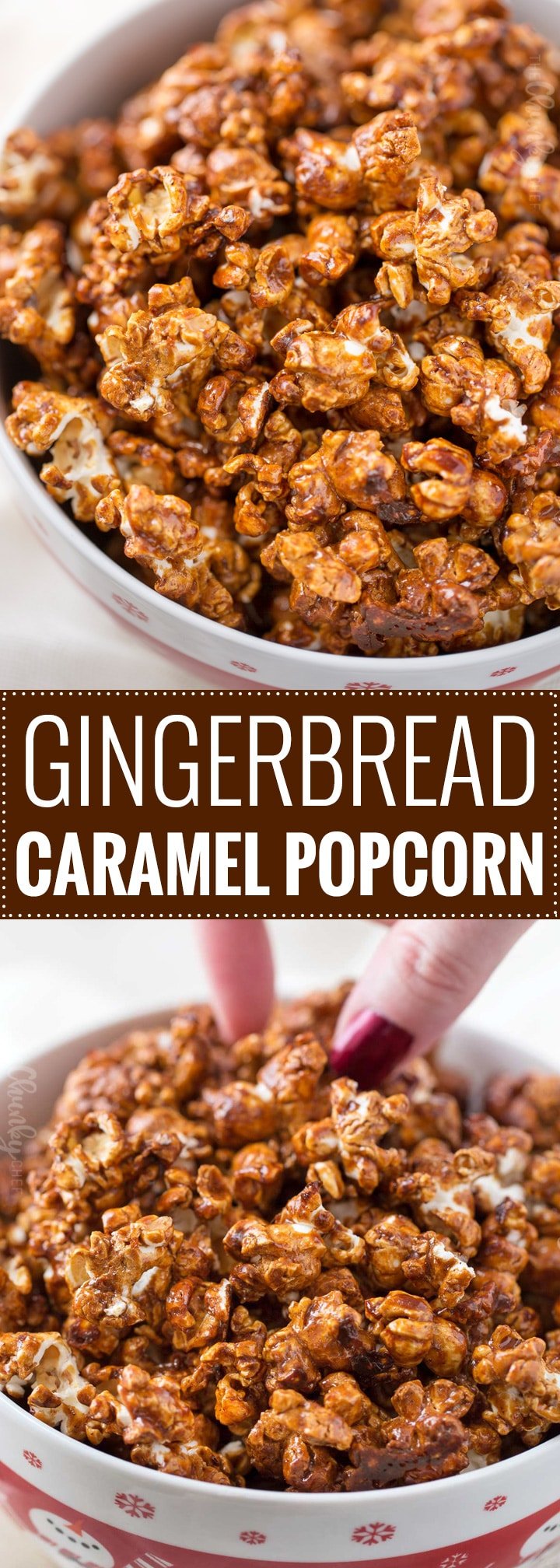 Gingerbread Caramel Corn | Classic caramel corn combines with gingerbread spices in the best caramel popcorn EVER!  You'll  love snacking on this sweet and crunchy popcorn! | The Chunky Chef | #popcorn #caramelcorn #homemadecaramel #snackrecipes #homemade #gingerbread