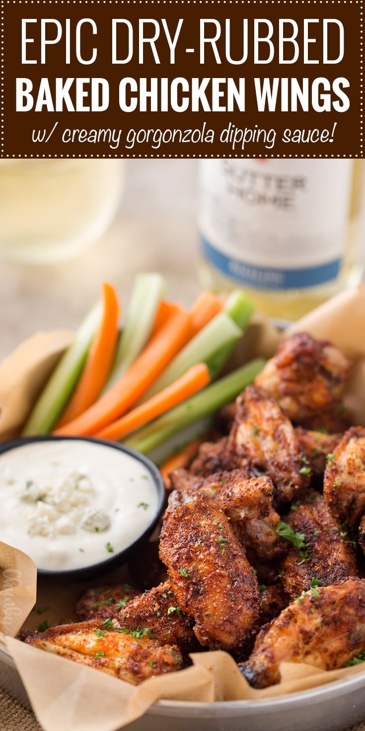Epic Dry-Rubbed Baked Chicken Wings | Extremely tender and juicy, these baked chicken wings are rubbed with the most epic dry rub made right from your spice cabinet!  You won't miss the deep fryer or the sauce, I guarantee it!! | The Chunky Chef | #chickenwings #chickenwingrecipes #bakedhotwings #bakedwings #dryrub #gamedayfood #partyfood