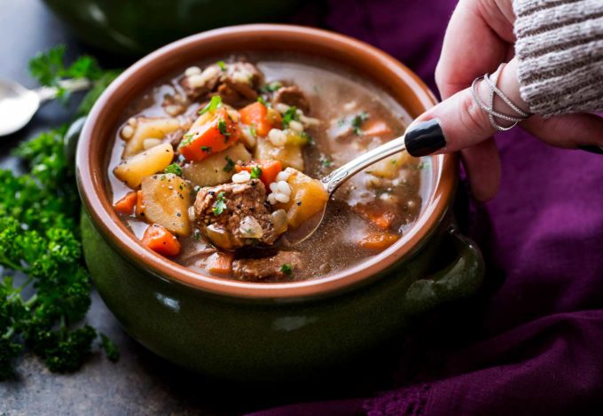 Spoonful of beef barley soup