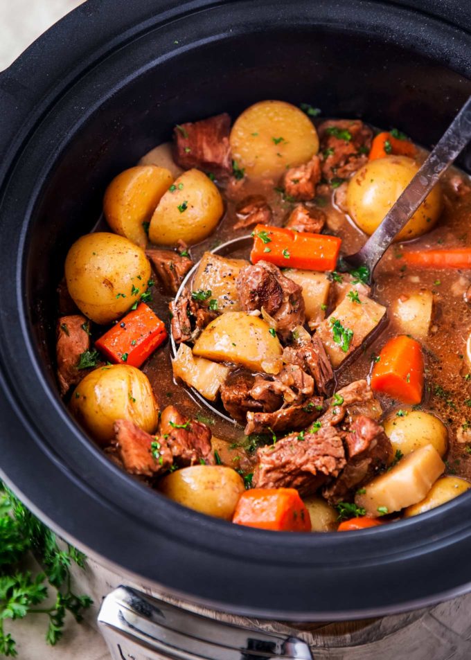 Ladle of crockpot beef stew