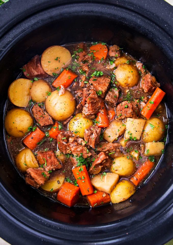 Crockpot Beef Stew with Horseradish in slow cooker