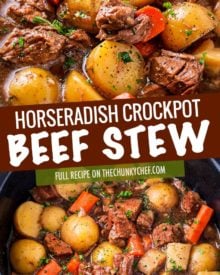 This crockpot beef stew simmers all day to create the most hearty, comforting and flavorful beef stew of all time!  The flavors are enhanced by using beer and finishing the dish with a kick of horseradish #beefstew #beefstewrecipe #slowcookerbeefstew #crockpot #slowcooker #comfortfood #easyrecipe