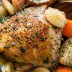 One Pan Roasted Chicken and 40 Cloves of Garlic | Chicken thighs are roasted with garlic, herbs, white wine, potatoes and carrots for an incredibly flavorful one pan meal! | The Chunky Chef | #dinnerrecipe #chicken #roasted #onepan #onepot #easyrecipe