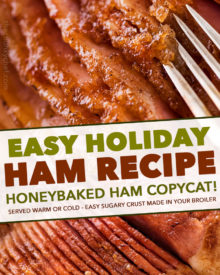 This copycat Honey Baked Ham is juicy and tender, with the most amazing crispy sweet glaze!  Made with honey, sugar, and mouthwatering spices, you'll be amazed at how easy it is to make this ham at home and save a TON of money! #holiday #easter #ham #copycatrecipe #hamrecipe #dinner #honeybaked #spiralham 