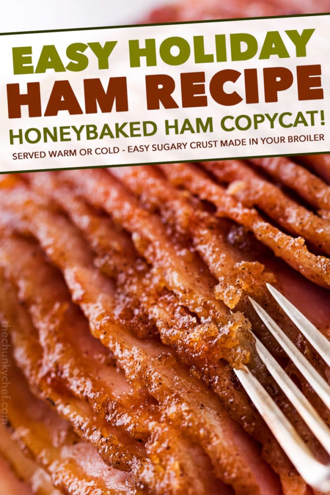 This copycat Honey Baked Ham is juicy and tender, with the most amazing crispy sweet glaze!  Made with honey, sugar, and mouthwatering spices, you'll be amazed at how easy it is to make this ham at home and save a TON of money! #holiday #easter #ham #copycatrecipe #hamrecipe #dinner #honeybaked #spiralham 