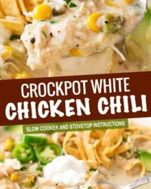 This contest-winning crockpot white chicken chili is made easy in the slow cooker, and has just the right amount of spice to warm up your night! #chickenchili #whitechickenchili #chili #chicken #easyrecipe #dinner #comfortfood #slowcooker #crockpot