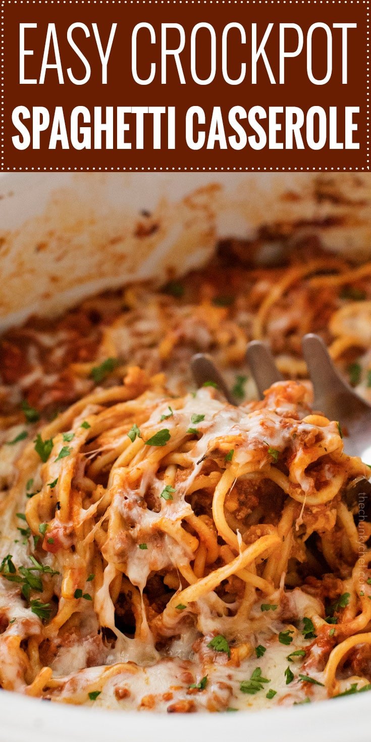 This Crockpot Spaghetti Casserole is every bit as tasty as it is easy!  Even the pasta cooks right in the slow cooker alongside the flavorful meat sauce, making this the ultimate weeknight meal! | #spaghetti #casserole #crockpot #slowcooker #Italianfood #weeknightmeal