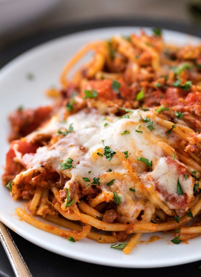 Easy Crockpot Spaghetti Casserole - The Chunky Chef