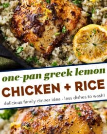 This Greek chicken and rice recipe is all cooked in the same pan, which means you’re serving a restaurant-quality dinner, and cleanup will be a breeze! The combination of flavorful and juicy chicken thighs and the tender herb and lemon scented rice is irresistible, and this comforting and satisfying meal is sure to be a family-favorite!