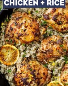 This Greek chicken and rice recipe is all cooked in the same pan, which means you’re serving a restaurant-quality dinner, and cleanup will be a breeze! The combination of flavorful and juicy chicken thighs and the tender herb and lemon scented rice is irresistible, and this comforting and satisfying meal is sure to be a family-favorite!