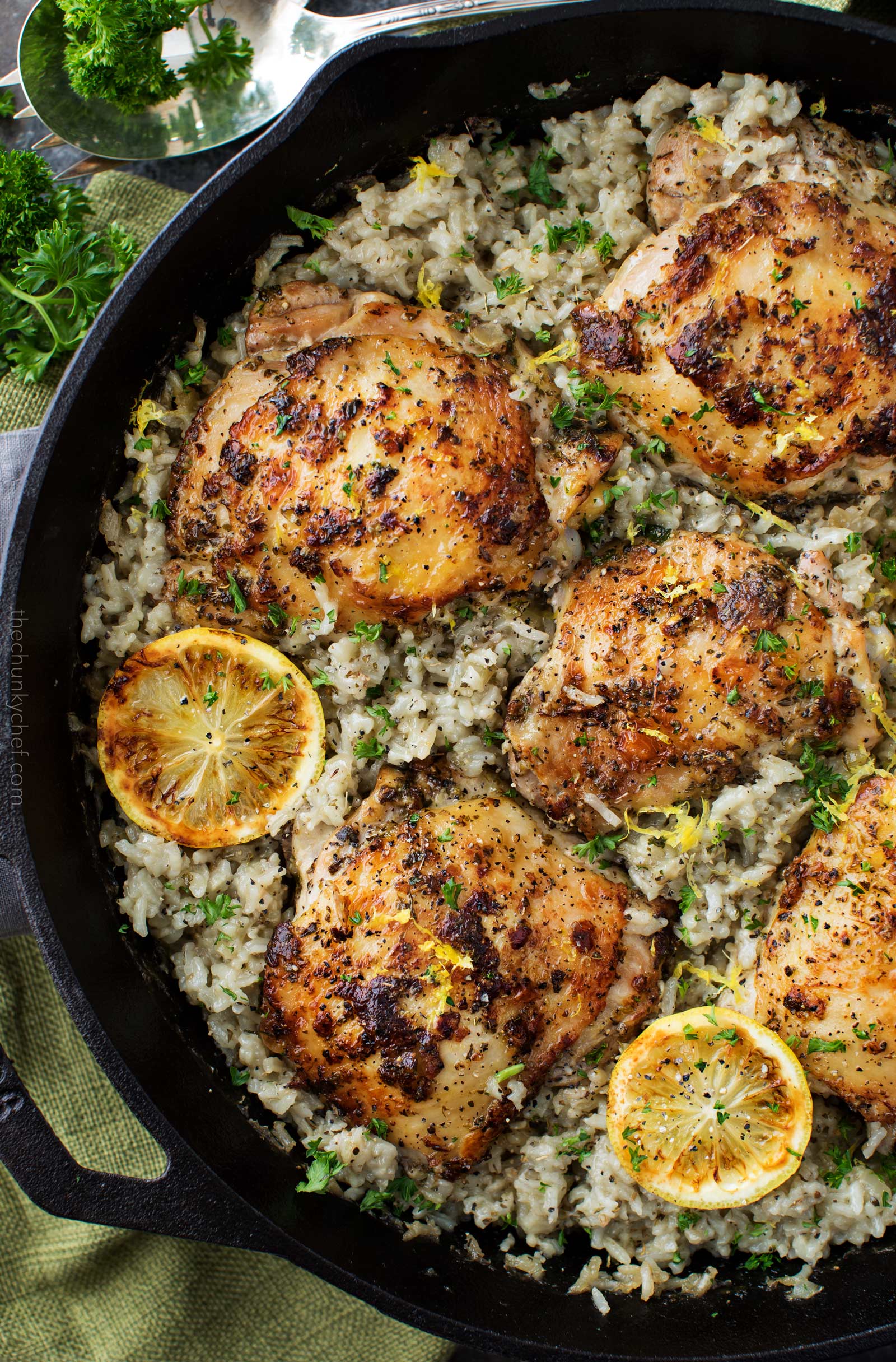 Easy one pan lemon chicken and greek rice