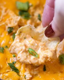 Slow Cooker Buffalo Chicken Dip Recipe | Classic buffalo wing flavors in an easy dip made in the crockpot. Perfect for a party, serve it up with chips or celery sticks and watch everyone go back for seconds! | The 5 o'clock Chef | #diprecipe #buffalochicken #slowcookerdip #crockpotdip #partyfood #buffalochickendip