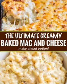 Rich and creamy homemade baked mac and cheese, filled with multiple layers of shredded cheeses, smothered in a smooth cheese sauce, and baked until bubbly and perfect!