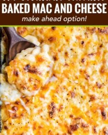 Rich and creamy homemade baked mac and cheese, filled with multiple layers of shredded cheeses, smothered in a smooth cheese sauce, and baked until bubbly and perfect!
