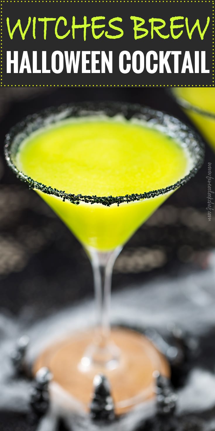 Witches Brew Halloween Cocktail | Sweet and mysterious, this Halloween cocktail practically glows with an eerie greenish color! Made with just 3 simple ingredients, it's a must make for any party! | https://www.the5oclockchef.com | #cocktail #halloween #witch #partydrink #midori