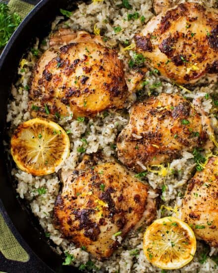 This Greek chicken and rice recipe is all cooked in the same pan, which means you’re serving a restaurant-quality dinner, and cleanup will be a breeze! The combination of flavorful and juicy chicken thighs and the tender herb and lemon scented rice is irresistible, and this comforting and satisfying meal is sure to be a family-favorite!