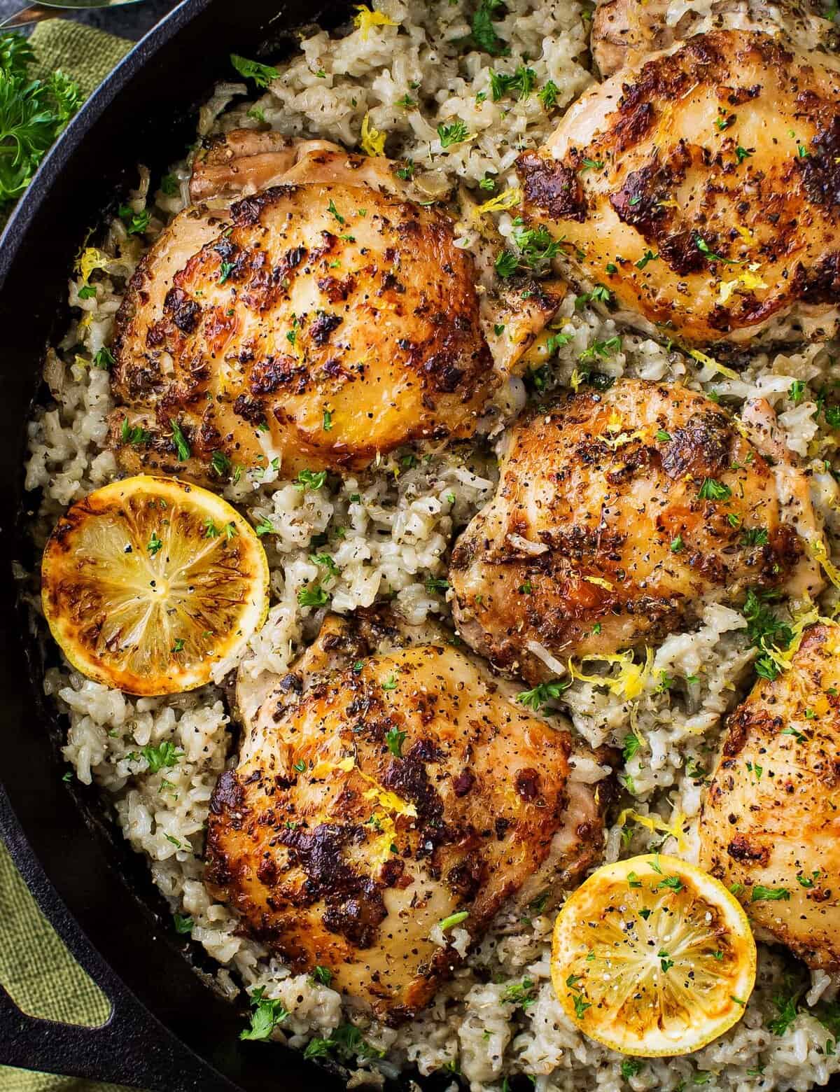 This Greek chicken and rice recipe is all cooked in the same pan, which means you’re serving a restaurant-quality dinner, and cleanup will be a breeze! The combination of flavorful and juicy chicken thighs and the tender herb and lemon scented rice is irresistible, and this comforting and satisfying meal is sure to be a family-favorite!