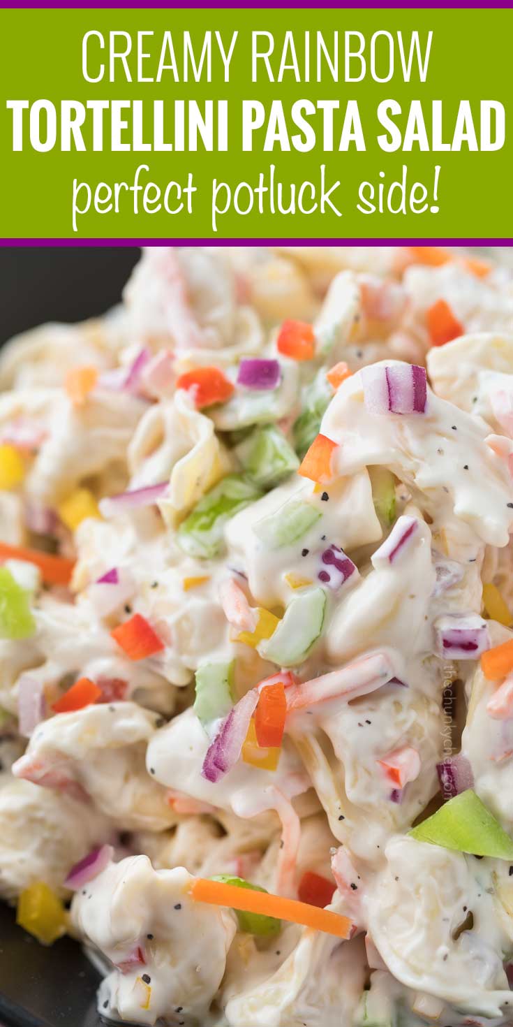 Creamy tortellini salad, loaded with colorful vegetables and tossed in a deliciously sweet and tangy dressing! | #pastasalad #macaronisalad #cookout #summer #rainbow