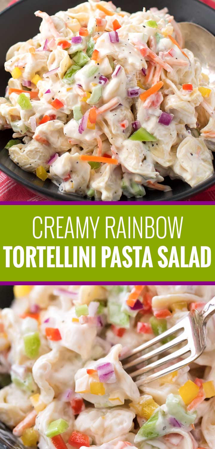 Creamy tortellini salad, loaded with colorful vegetables and tossed in a deliciously sweet and tangy dressing! | #pastasalad #macaronisalad #cookout #summer #rainbow