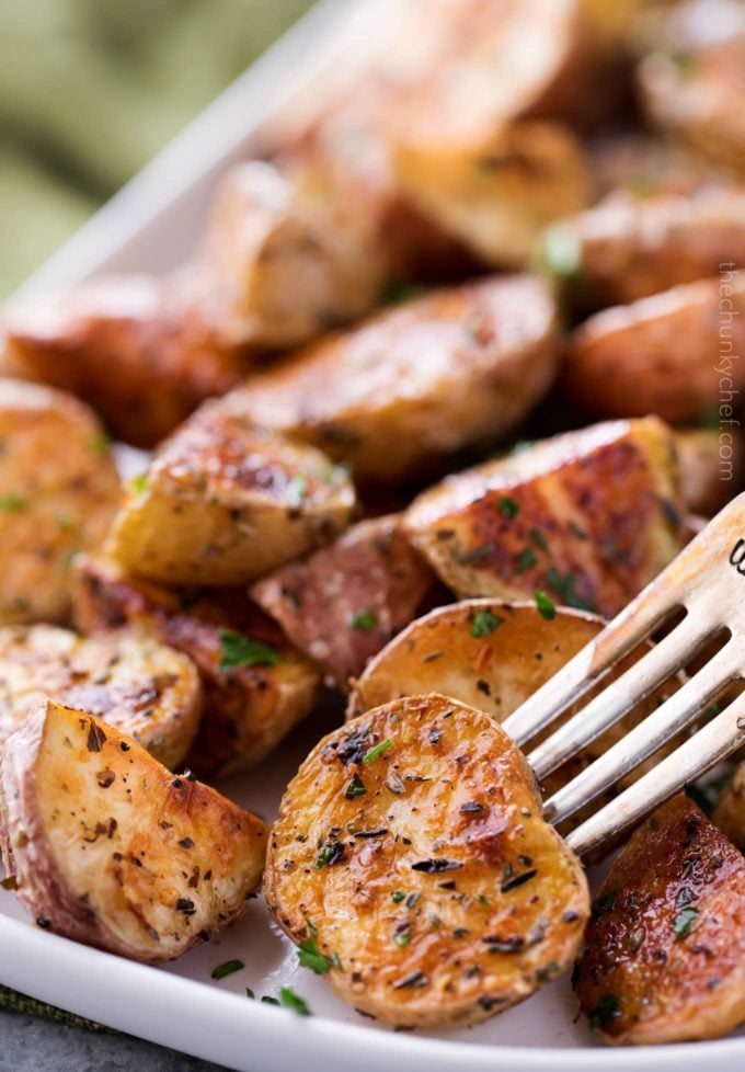 Forkful of crispy oven roasted potatoes