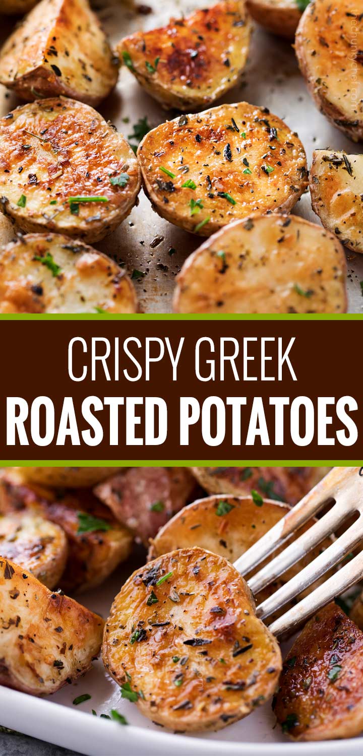 Yukon and red potatoes, seasoned with a fantastic homemade Greek seasoning blend, and roasted to crispy perfection!  They're the ultimate side dish! | #roasted #potatoes #roastedpotatoes #Greek #sidedish