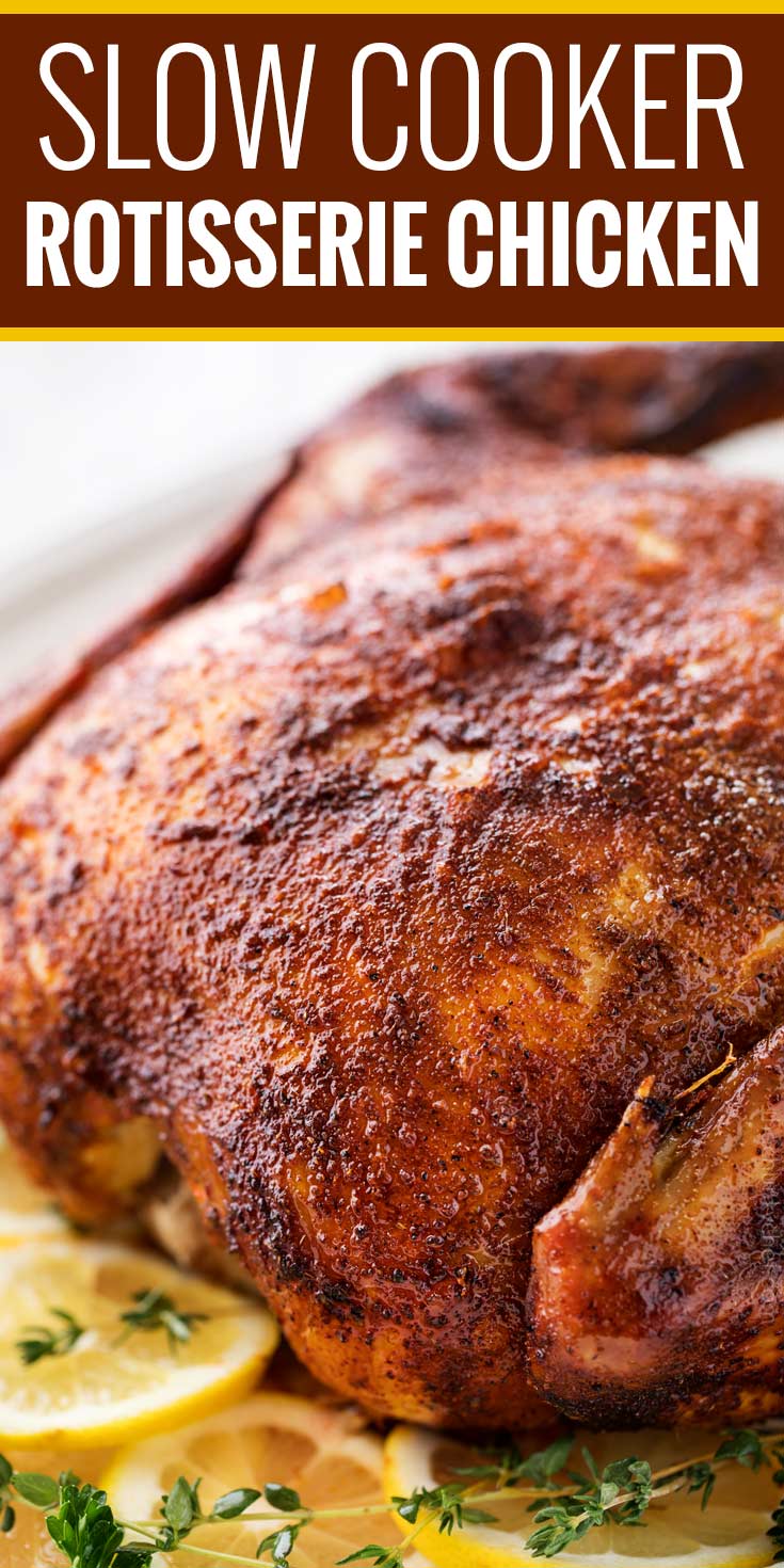 Making this homemade "rotisserie" chicken is as easy as 5 minutes of prep and a handful of spices.  Then sit back and let your slow cooker do all the work!  | #chicken #rotisseriechicken #slowcookerrecipe #crockpot #easyrecipe