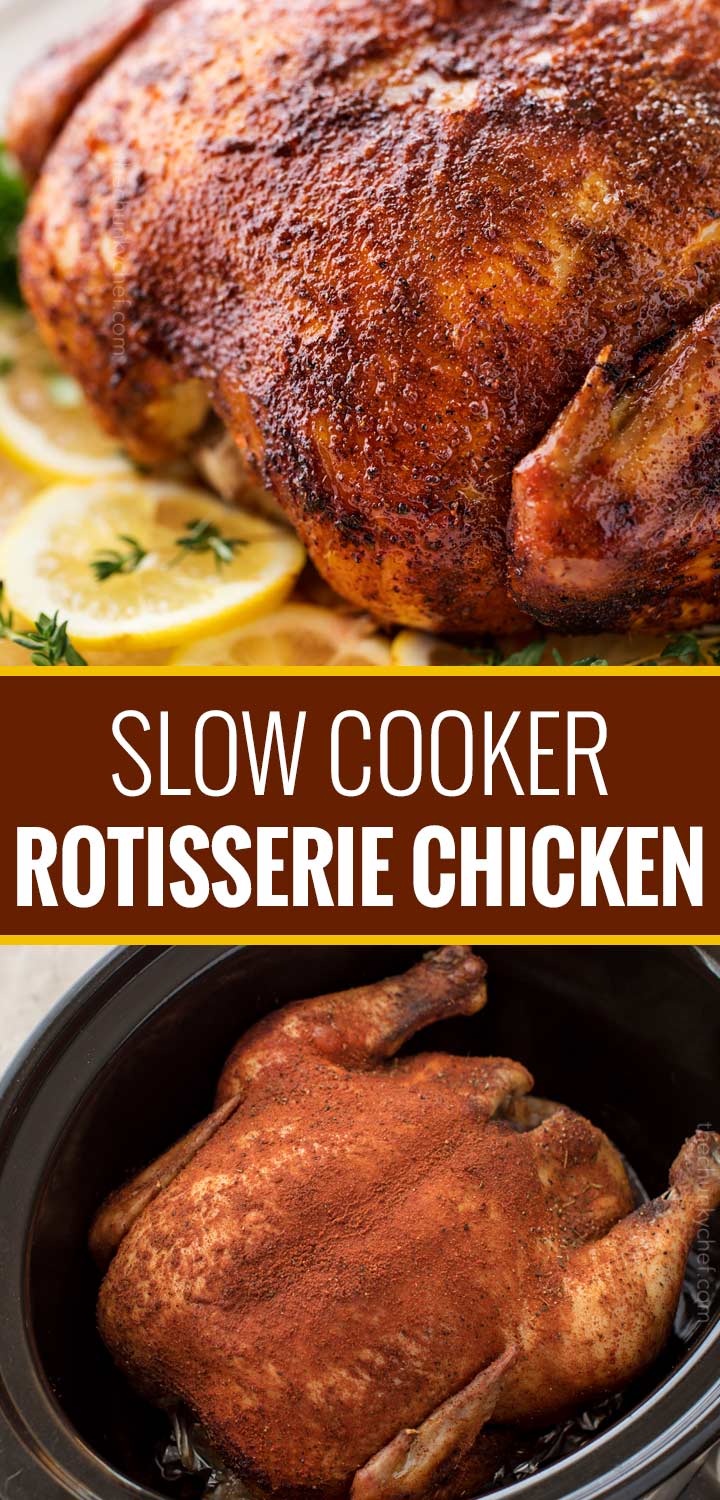 Making this homemade "rotisserie" chicken is as easy as 5 minutes of prep and a handful of spices.  Then sit back and let your slow cooker do all the work!  | #chicken #rotisseriechicken #slowcookerrecipe #crockpot #easyrecipe