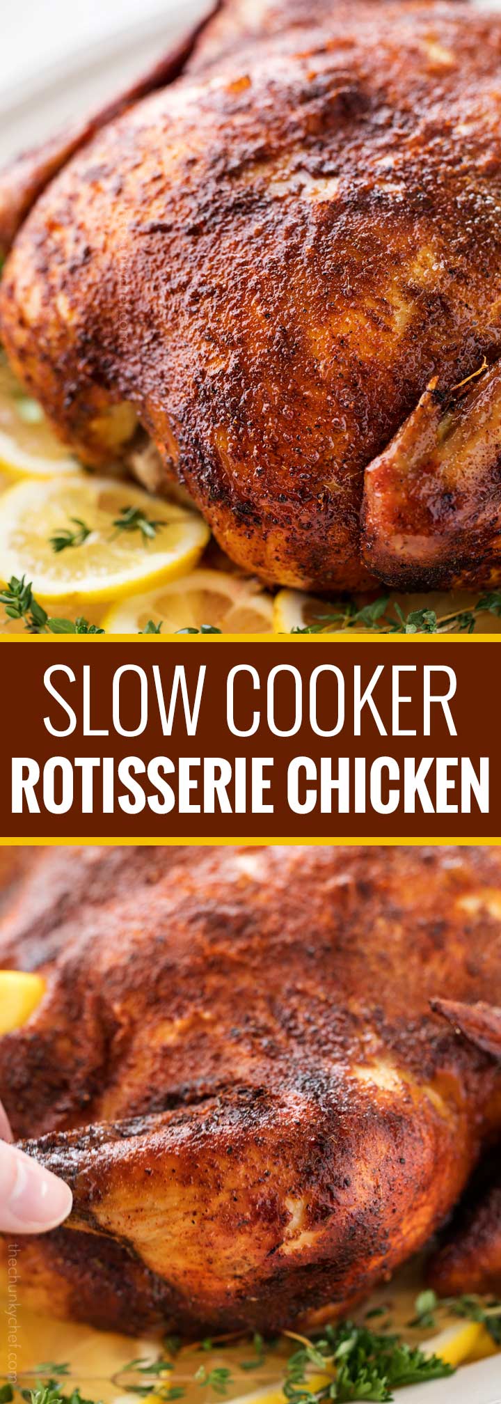 Making this homemade "rotisserie" chicken is as easy as 5 minutes of prep and a handful of spices.  Then sit back and let your slow cooker do all the work!  | #chicken #rotisseriechicken #slowcookerrecipe #crockpot #easyrecipe