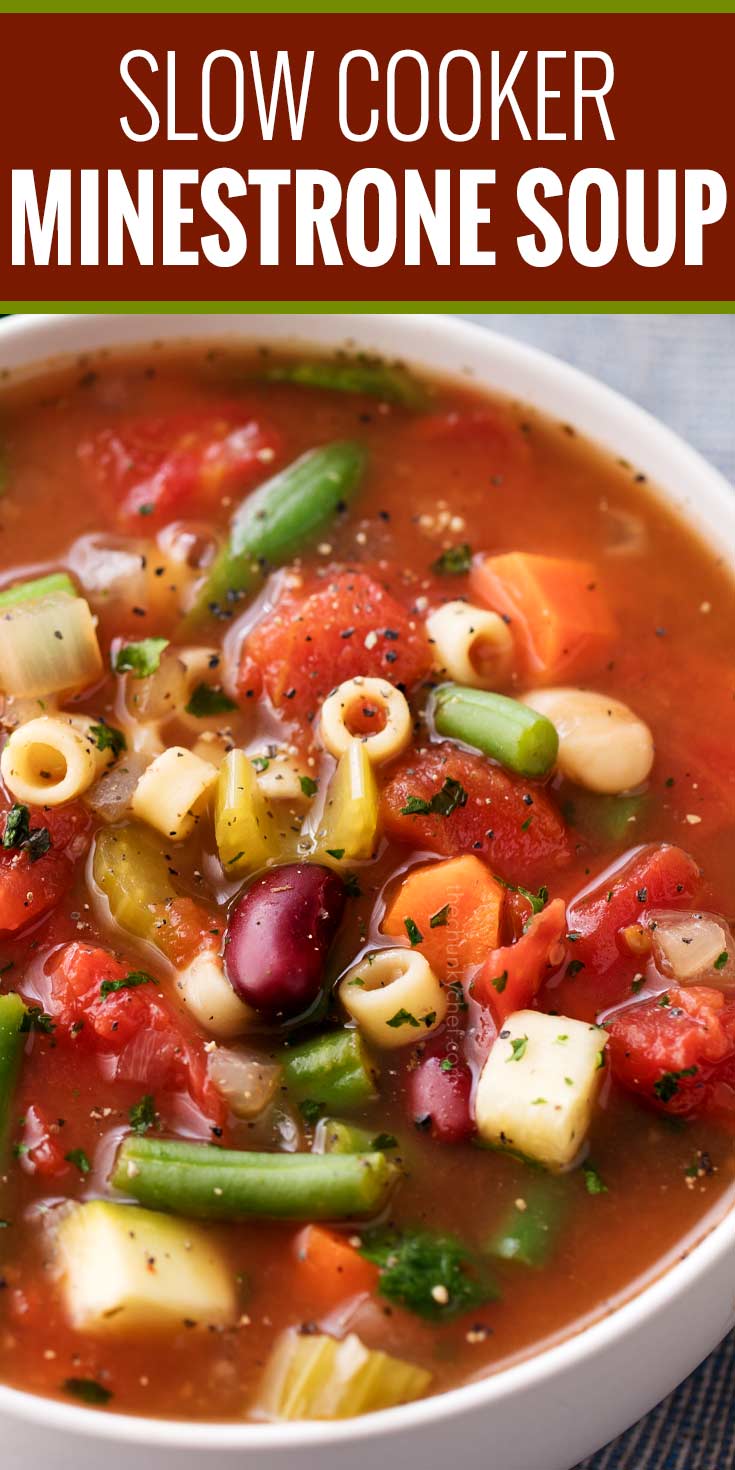 Way better than the soup from that popular Italian restaurant chain, this minestrone soup is bursting with hearty flavors and is made easily in the slow cooker!  Vegetables, beans and pasta are simmered in a rich vegetable broth to make a soul-warming soup. | #minestrone #soup #slowcooker #crockpot #copycat #souprecipe