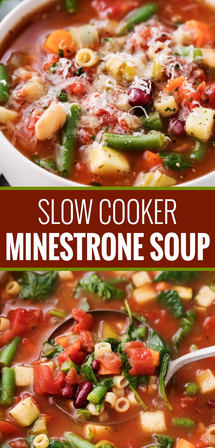 Way better than the soup from that popular Italian restaurant chain, this minestrone soup is bursting with hearty flavors and is made easily in the slow cooker!  Vegetables, beans and pasta are simmered in a rich vegetable broth to make a soul-warming soup. | #minestrone #soup #slowcooker #crockpot #copycat #souprecipe