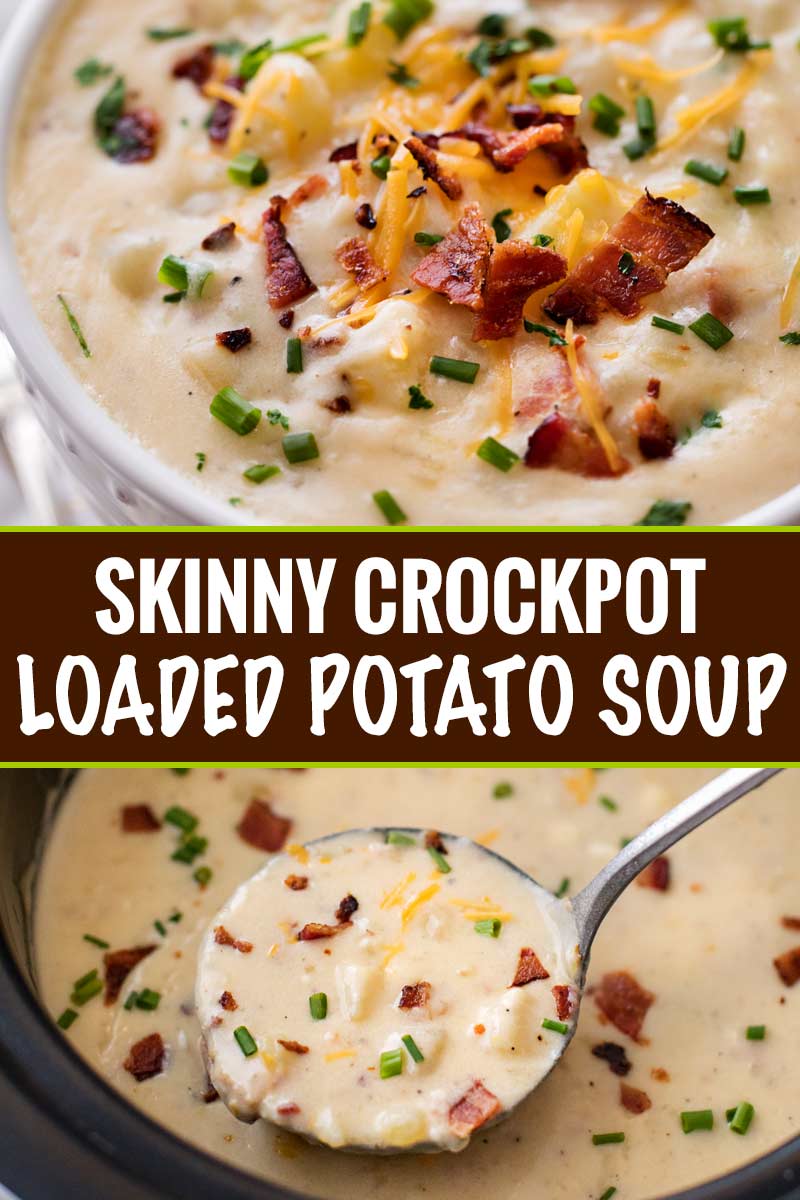 A loaded potato soup that’s thick, creamy and rich, yet surprisingly low in calories!  This lightened up version of the ultimate comfort food is perfect for warming you up on a cold night! | #potatosoup #souprecipe #loadedpotato #slowcookerrecipes #crockpot